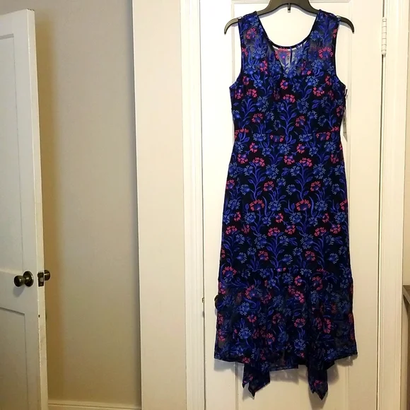 kensie floral embroidered dress Kensie Floral Irene Smocked Midi Dress FUCHSIA-RED / L by Sugarlips main image 0